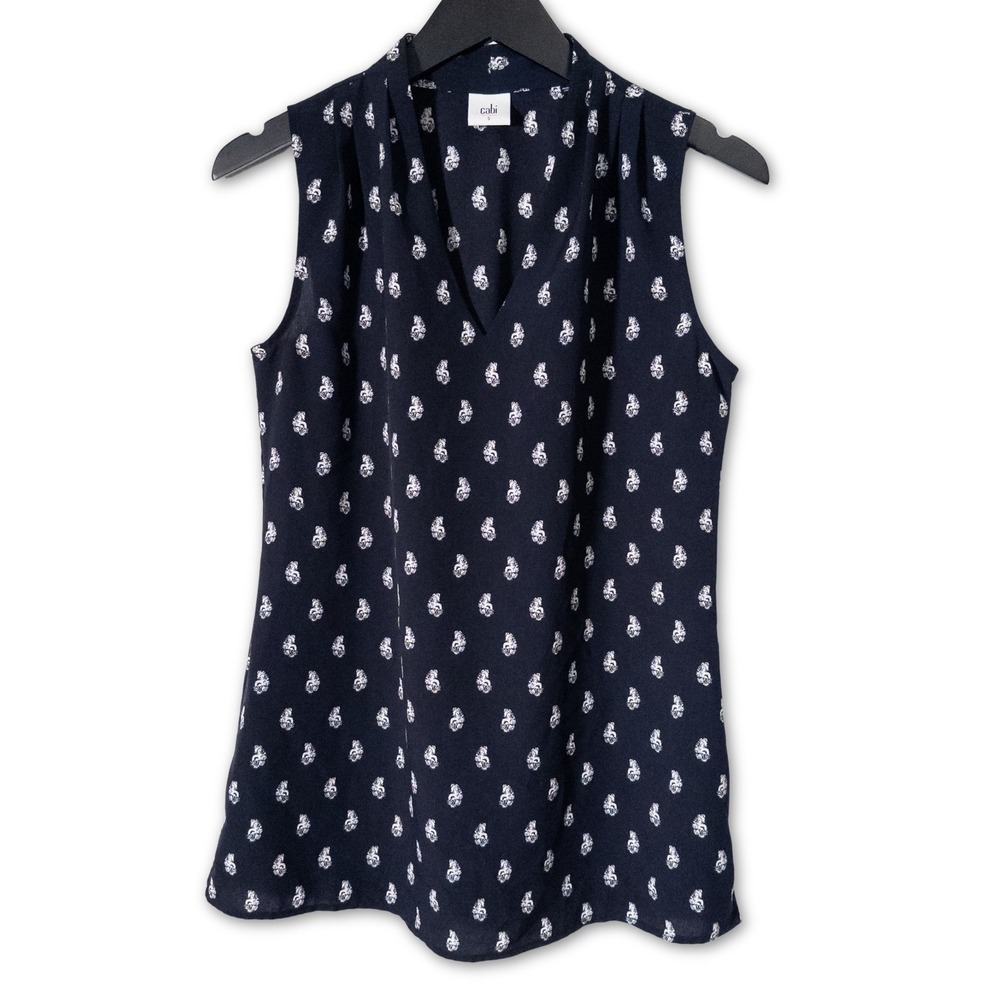 Cabi Sleeveless Blouse Womens S Navy Blue Floral Print V-Neck Tank Top Preppy